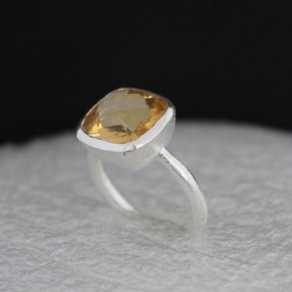 Handmade Cushion Cut Citrine Ring: Sterling Silver Statement Ring - Picture 1 of 5